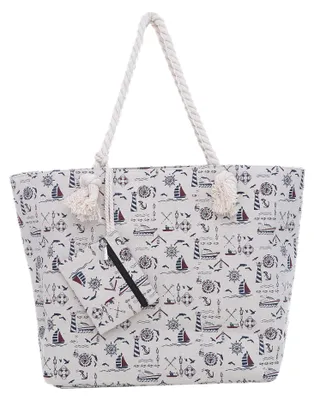 Produktbild von Große Strandtasche Shopper mit Reißverschluss - maritimes Design naturfarben