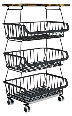 Produktbild von Gemüseregal für die Küche, 3-stufiger stapelbarer Obstkorb mit Rollen, für Speisekammer, Badezimmer, Garage, 40 x 30 x 72 cm (schwarz)