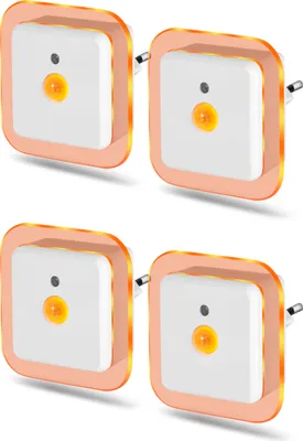 Four square white LED night lights with orange borders are arranged in a 2x2 grid on a white background.