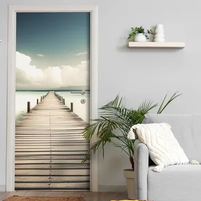 Produktbild von Türtapete selbstklebend | 200 x 90 cm Meer, Holzsteg | Tür Aufkleber Poster Türfolie | Einteilig | Wasserfest 3D Türaufkleber Klebefolie Wandtattoo