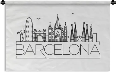 Produktbild von MuchoWow® Wandteppich Wandbehang Skyline "Barcelona" schwarz auf weiß 150x100 cm Tapisserie Dekoration Wandtuch - Waschbar - Tapisserien - Wand-Decke