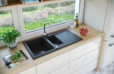 Produktbild von Granit Spüle + Siphon Einbauspüle Küchenspüle Spülbecken DG005 Schwarz 95x50cm