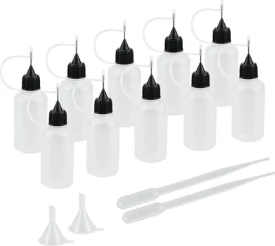 Image de 10 flacons applicateurs 30 ml Bouteille à aiguille Bouteille de colle avec 2 entonnoirs & 2 pipettes Pointe d'aiguille Bouteille de colle Remplissage Point de précision Bouteille à pincer pour colle Encre Couleur