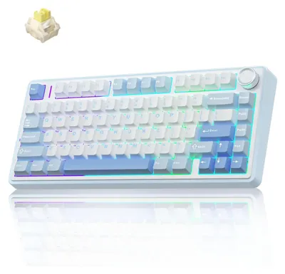 Obrázek produktu pro Bezdrátová mechanická herní klávesnice AULA F75 s RGB LED podsvícením - rozložení QWERTY (US) - 2,4 GHz/USB-C/Bluetooth pro Windows/Mac, barva: modrá (Sea Salt Blue Crescent)