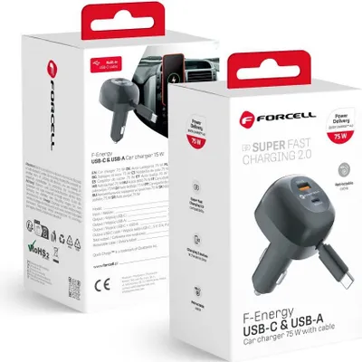 Immagine prodotto di Caricabatterie per auto FORCELL F-ENERGY in alluminio da 75 W con cavo USB-C integrato