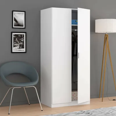 Image de Avik - Armoire 2 Portes, 82x180h cm Blanc, Portemanteau