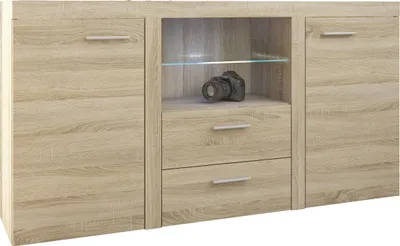 Produktbild von Masseno Kommode RITMO 156 cm Sideboard mit 2 Schubladen und 2 Türen für Wohnzimmer Schlafzimmer Modern 156x40x82 cm Sonoma Eiche / Sonoma Eiche
