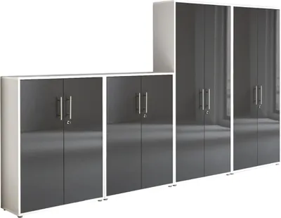 Produktbild von Aktenschrank TABOR 54 in weiß / anthrazit Hochglanz, Schrankwand, Büroschrank, abschließbar, Metallgriffe