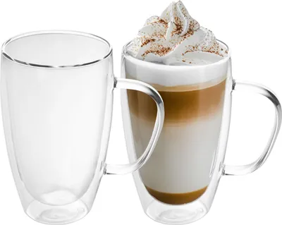 Produktbild von Intirilife 2x Doppelwandiges Thermo Glas Set in 400 - 500ml – Thermoglas Thermogläser Mundgeblasen isoliert Latte Macchiato Teeglas Kaffeeglas mit Henkel