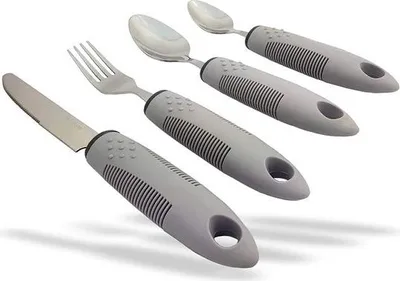 Obrázek produktu pro Komfortní příbory s rukojetí (šedé, 1 sada) - příbory pro zdravotně postižené, příbory pro Parkinsona, příbory při třesu a revmatismu, pomůcky pro seniory, ideální pro seniory a zdravotně postižené