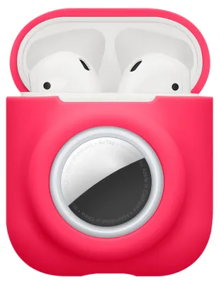Obrázek produktu pro Ochranné pouzdro kwmobile 2 v 1 pro Apple AirPods 1 a 2 – silikonové pouzdro na sluchátka kompatibilní s AirTagem – nárazuvzdorné pouzdro s karabinou – neonově růžové
