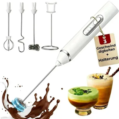 Produktbild von Milchaufschäumer Elektrisch 3-in-1 mit Ständer 3 Geschwindigkeiten USB-C Aufladbar 1200mAh für Cappuccino Latte Matcha Protein-Shake Edelstahl Leise