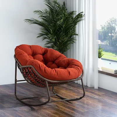 Image de Fauteuil à bascule d'extérieur en rotin, fauteuil inclinable rembourré pour véranda, salon, terrasse et jardin, orange