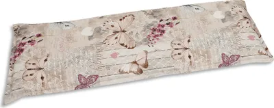 A long, rectangular cushion with a butterfly and floral pattern on a light, textured background.