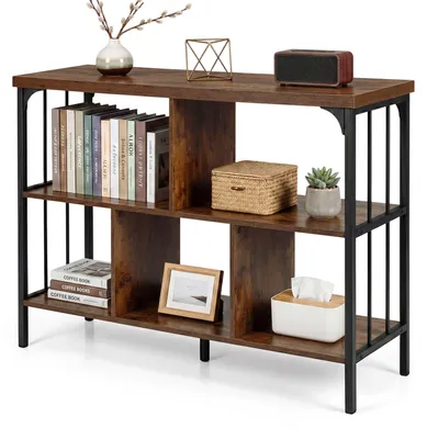 Produktbild von COSTWAY 2 in 1 Bücherregal Konsonlentisch 3 Ebenen, Standregal mit 5 offenen Fächern & Stahlrahmen bis 150 kg, Aufbewahrungsregal 109x34x76 cm, Braun