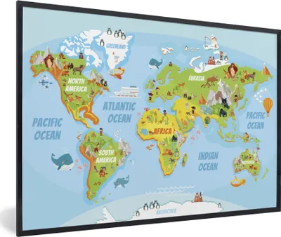 Produktbild von MuchoWow® MuchoWow® Gerahmtes Poster Weltkarte - Kinder - Tiere 60x40 cm - Poster mit zchwarzem Bilderrahmen - Printing - Wanddeko Schlafzimmer