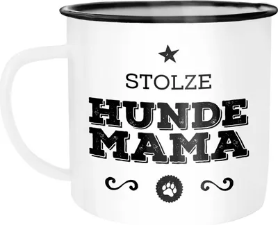 Produktbild von Emaille Tasse Becher Stolze Hunde-Mama Hunde Besitzerin Hundebesitzer Rassen Kaffeetasse Moonworks® Hunde weiß-schwarz unisize