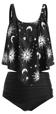 Produktbild von Tankini Damen Hohe Taille - Gepolstert - Volant/Rüschen - Mond/Stern/Sonne - Elastisch - Sommer - Badeanzug