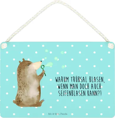 Produktbild von Mr. & Mrs. Panda Holzschild Bär Seifenblasen DIN A4 - Blau Pastell - Geschenk, Wandbild Holz, Lustig Sein Glücklich Traurig Happy, Teddy, wandtafel, Schild, holzbild