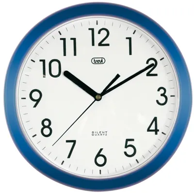 A close-up view of a blue wall clock.