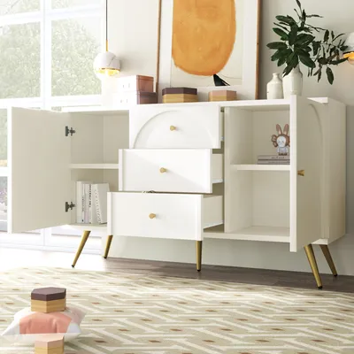 Produktbild von MODFU Sideboard 140x40x84cm mit 2 Türen, 3 Schubladen und verstellbare Ablage,Weiß