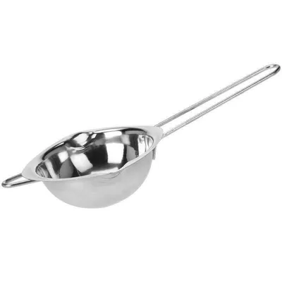 A stainless steel double boiler insert with a long handle, shown against a white background.