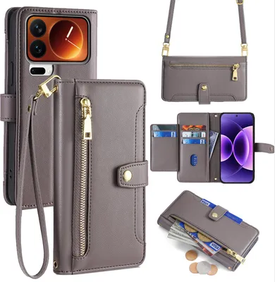 Produktbild von Handykette für Xiaomi 17 Pro Max Hülle mit Band Handyhülle Kartenfächer Kunstleder Umhängetasche in Grau
