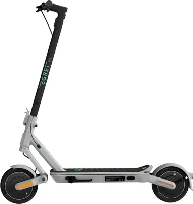 A side view of a gray electric scooter against a white background.