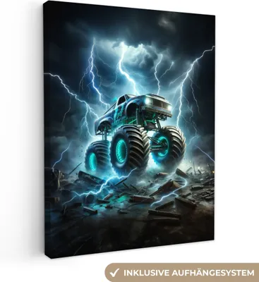 Produktbild von MuchoWow® - Leinwandbilder - Monstertruck - Blitz - Blau - Jungen - Auto, Wandbild, Wanddeko Bilder Wohnzimmer, 60x80 cm