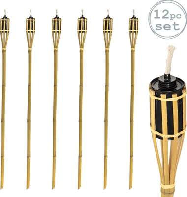 Produktbild von Harbour Housewares 12 Stück Bamboo Garden Tiki Torch Set - 114cm traditionelle Art Paraffinöl Feuer Fackeln - Natürliche