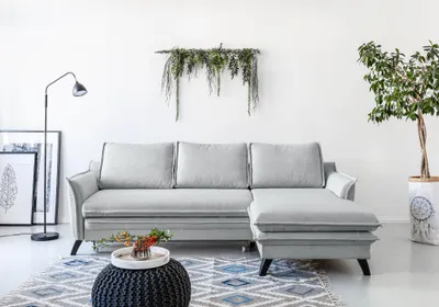 Produktbild von MIUFORM Charming Charlie - Ecksofa mit Bettfunktion und Bettkasten L-FORM RECHTS - 228x150cm - Hellgrau - Sofa Schlafsofa Couch