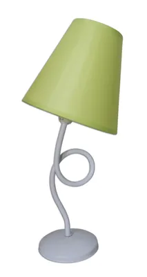 A white table lamp with a green lampshade.