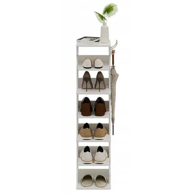 Produktbild von Funktionaler, schmaler Schuhschrank, weiß, Regal, 6 Ebenen, 2 Haken, 112 cm