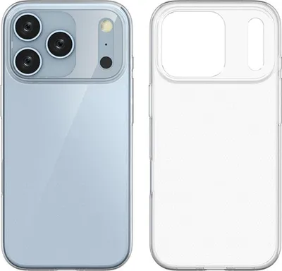 Two views of a transparent phone case, one showing the back of a blue phone inside it, and the other showing the front of the case.