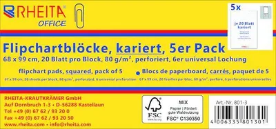 Produktbild von 5 Flipchartblöcke 68 x 99 cm, kariert, 20 Blatt pro Block, 80 g/m²,