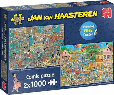Produktbild von Jumbo Spiele Puzzle 'De Muziekwinkel & Urlaubskribbeln', 2x 1000 Teile, mehrfarbig, aus recyceltem Karton mit Nahtlos-Effekt, Maße: 70x370x270 mm (B x T x H), ab 12 Jahren, Motiv: Comics, Jan van Haasteren 'Haiflosse'