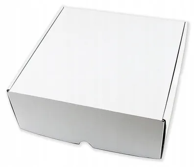 A white cardboard box is shown from a slightly elevated angle against a white background.