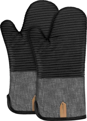 Produktbild von Ofenhandschuhe Topfhandschuhe Extra Lang Baumwolle kochhandschuhe mit Anti-Rutsch Silikon Gestreift backhandschuhe fš¹r Kochen Backen Grillen - 2er Set - Schwarz