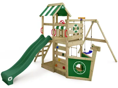 Produktbild von Spielturm Wickey SeaFlyer mit Doppelschaukel und Rutsche, aus Holz, grün