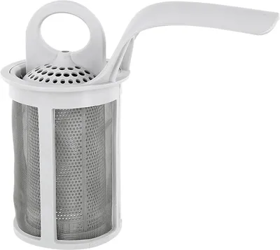 A white and gray dishwasher filter on a white background.