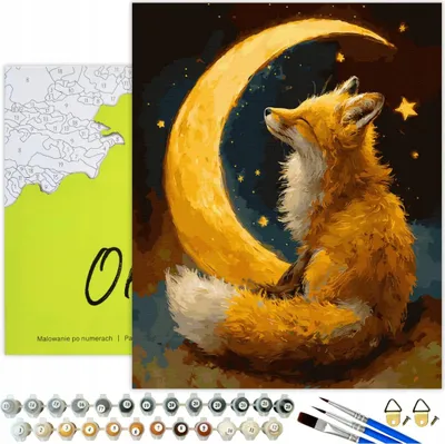 Image de Peinture par numéros adultes & enfants animaux renard nuit lune 50x40 - 33 couleurs acryliques, toile avec cadre en bois, 3 pinceaux, accessoires, peinture or Oh Art !