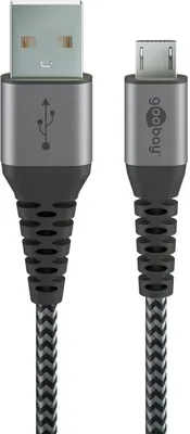 Obrázek produktu pro goobay Micro USB na USB-A textilní kabel s kovovými zástrčkami vesmírně šedý/stříbrný 2 m (1 měkké balení)