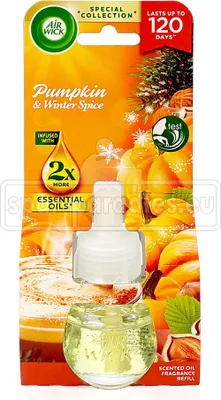 A product package for an Air Wick scented oil refill, featuring pumpkin and winter spice.