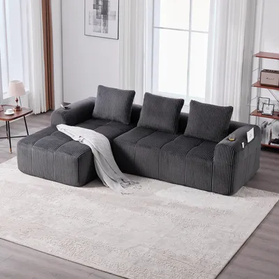Produktbild von STILVORA Loungesofa mit Seitentasche und Getränkehalter, modulare Cordsofa mit 3 Kissen, für Wohnzimmer, Arbeitszimmer, Dunkelgrau