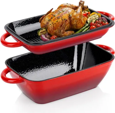 Zdjęcie produktu dla Vilde | Patelnia - Emaliowana brytfanna z pokrywką - 2w1 - 39x26,5x18 cm - 3,5+1,5 l - Można myć w zmywarce - Czerwona - CAST ENAMEL