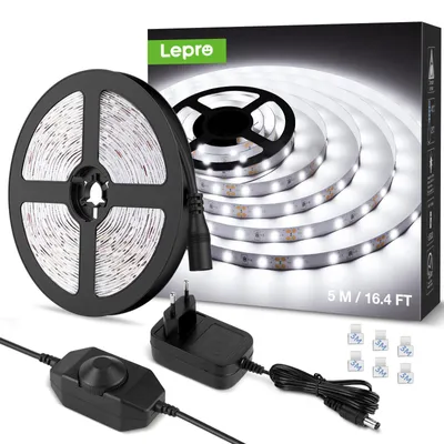 Obrázek produktu pro LED páska Lepro, studená bílá, 5 metrů, LED páska studená bílá 6000K, stmívatelná, 300 LED diod, 12V, samolepicí, IP20, bílá, flexibilní, pro vlastní montáž, LED světelný pásek s napájecím zdrojem, pro vnitřní použití, do kuchyně, dekorace