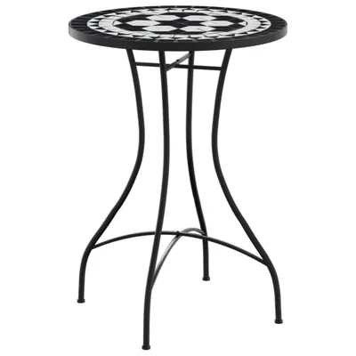 A mosaic bistro table with a black metal base and a round mosaic top.
