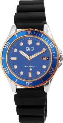 Produktbild von Q&Q Herrenuhr mit Silikonarmband, 5 bar, schwarz/blau