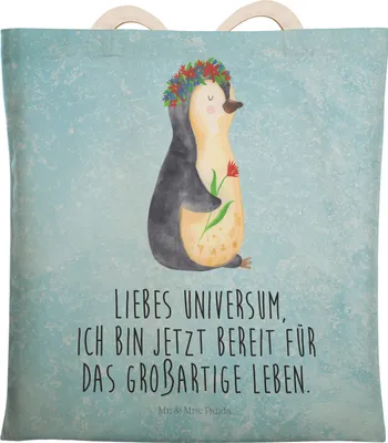Produktbild von Mr. & Mrs. Panda Tote Bag Pinguin Blumen - Eisblau - Geschenk, shopping, Beuteltasche, Geschenkidee, Tragetasche, Leben, Liebeskummer, Blumenkranz, Beutel, Tasche