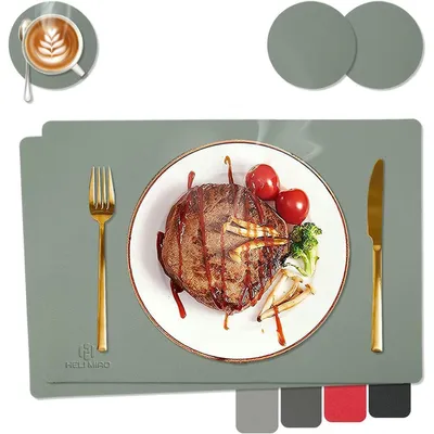 Productafbeelding van Tafelsets, vaatwasmachinebestendig, lederlook, hittebestendig, set van 2, saliegroen, 43x30 cm, inclusief onderzetters